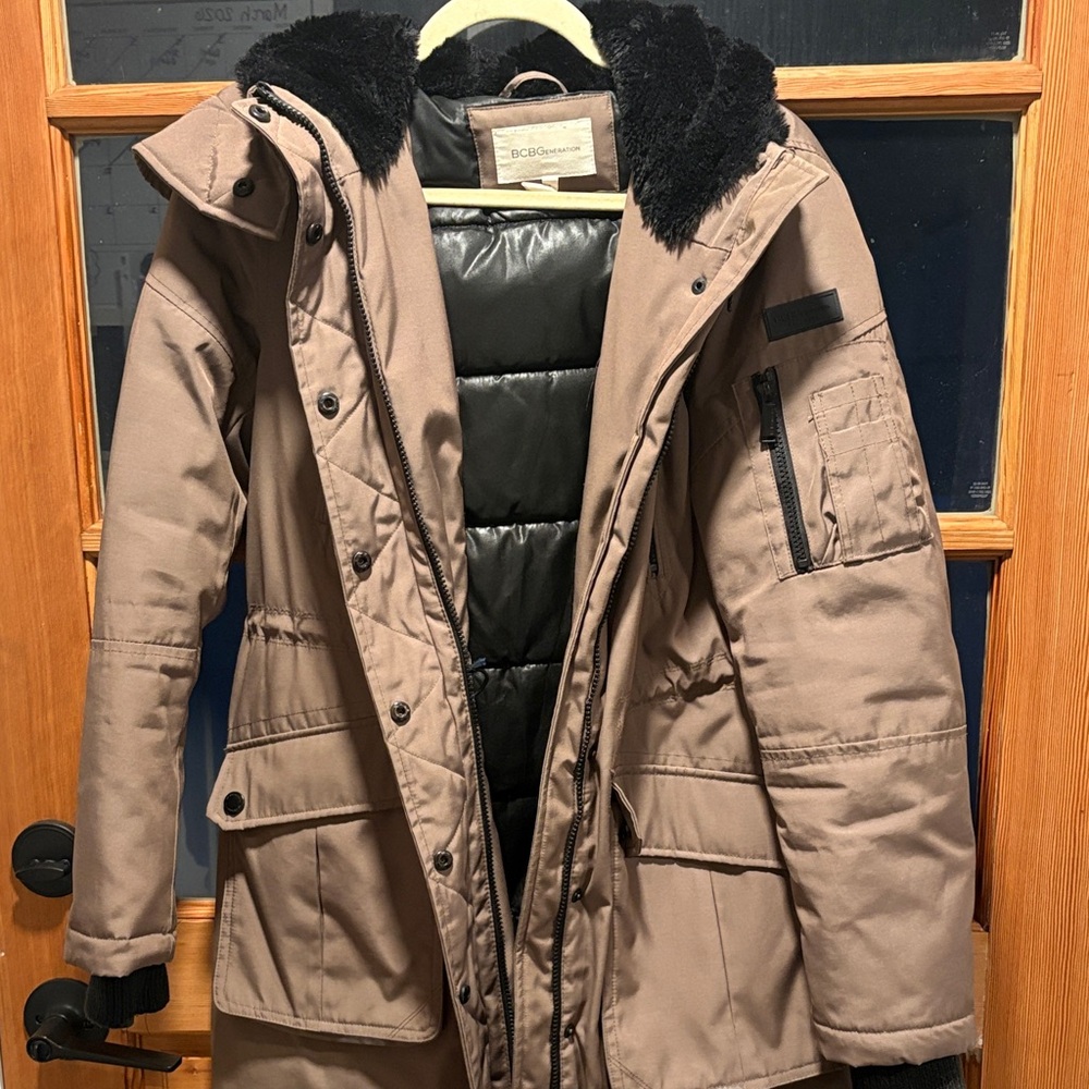 BCBGMaxAzria Tan Parka with Black Faux Fur Trim